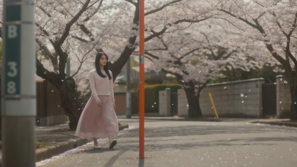 Cinematic Spring Scene: Japanese Student in Cherry Blossoms