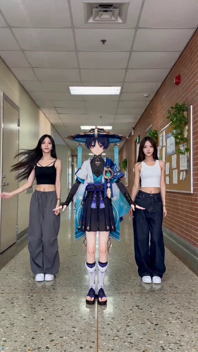 Genshin Impact Characters Dancing in School Corridor