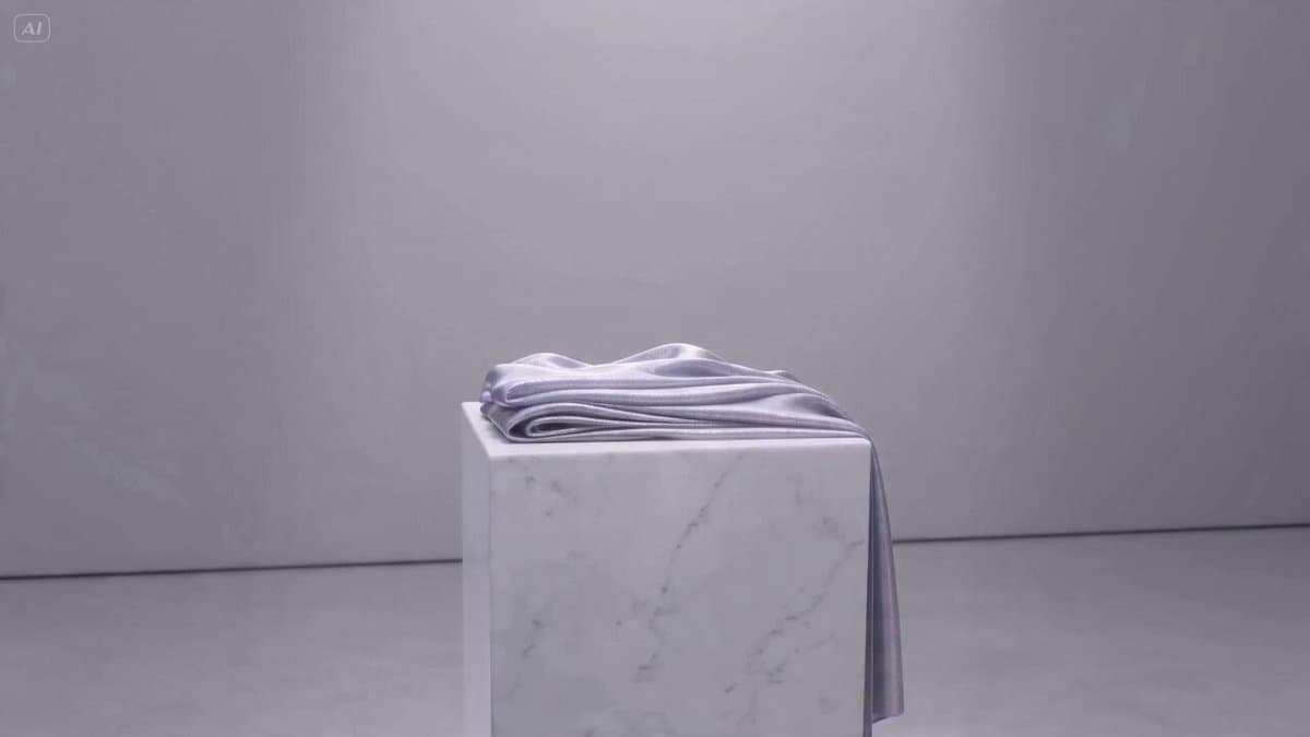 Pixar-style 3D animation of iridescent fabric on a marble pedestal