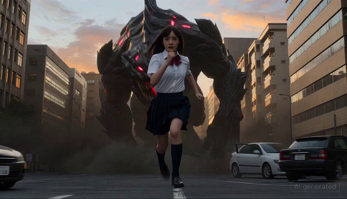 Cinematic transformation sequence of a Japanese high school girl fighting a giant monster