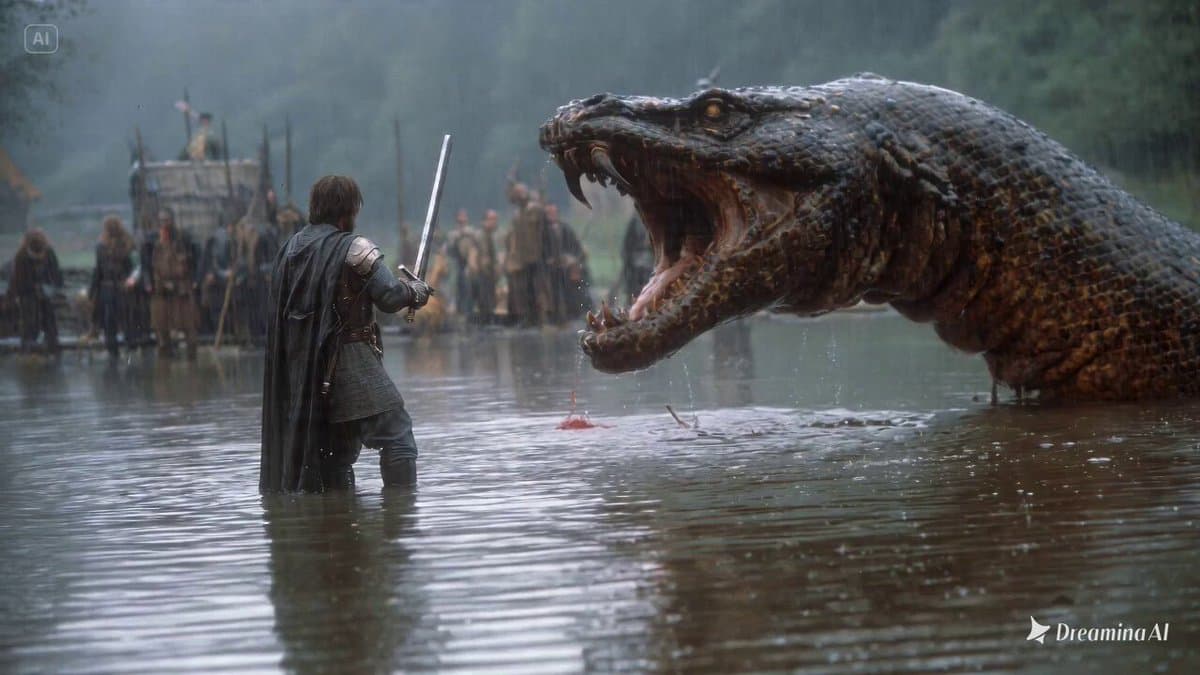1980s fantasy film scene of a knight fighting a lake monster