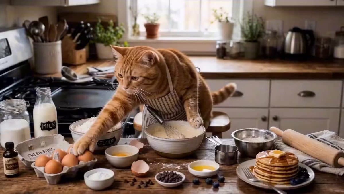 Cat Making Pancakes Cinematic Prompt