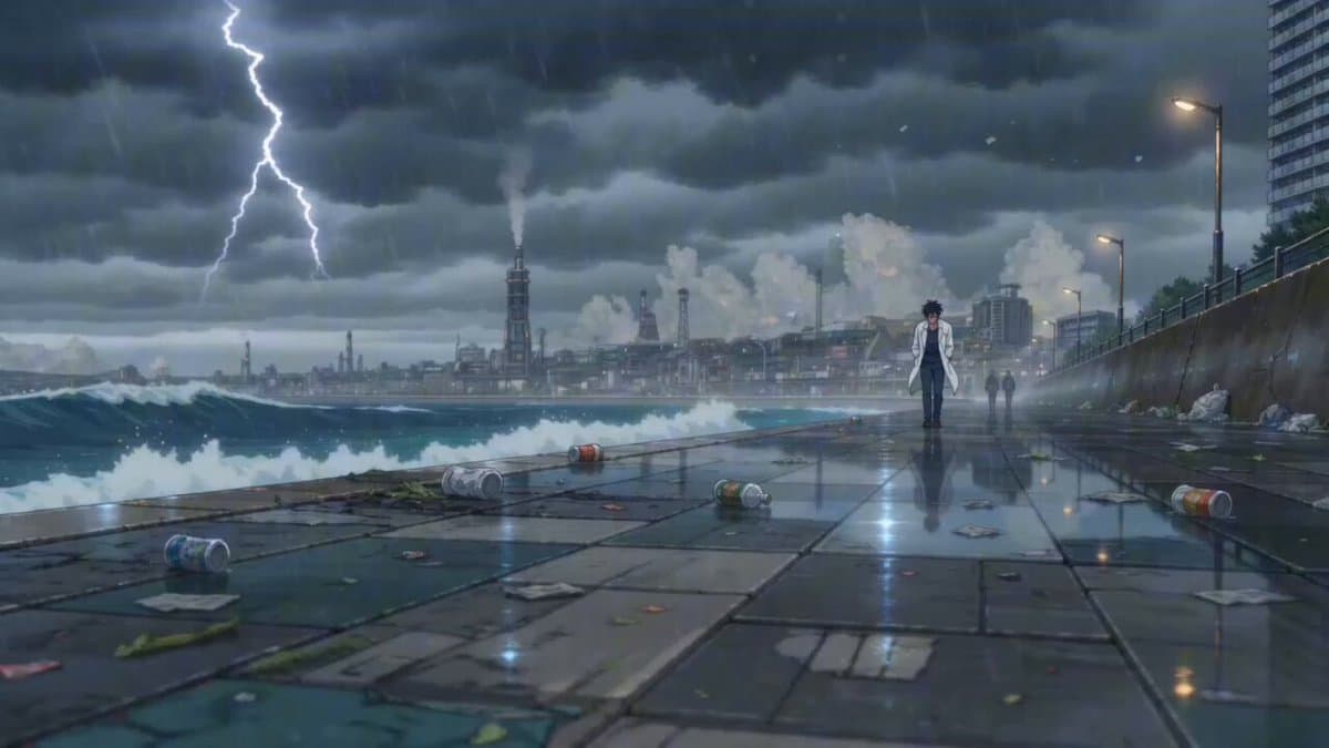 Cinematic Anime Scene: Stormy Seaside Promenade