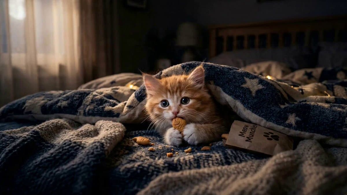 Kitten Secretly Eating Snacks Cinematic Video Prompt