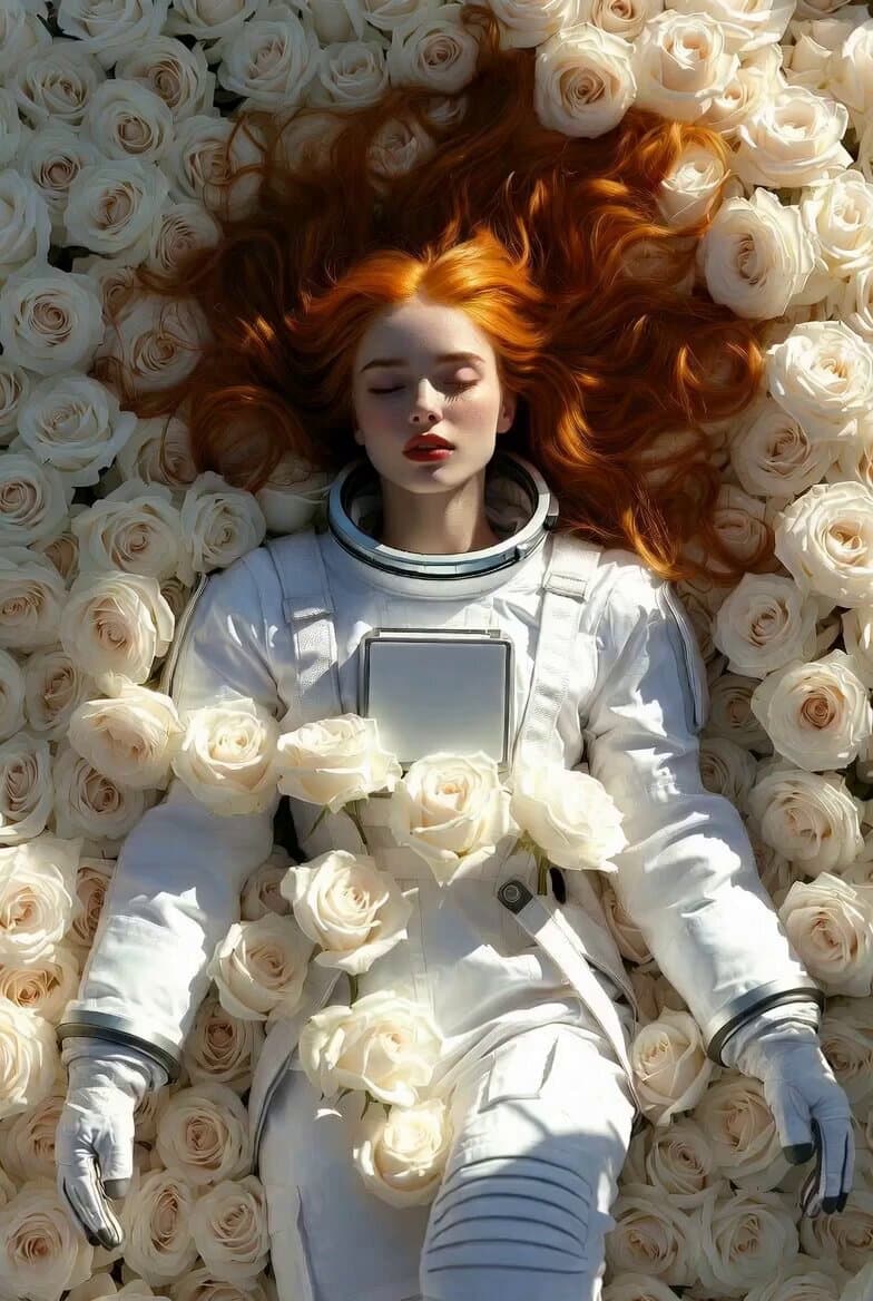 Astronaut Resting in White Roses