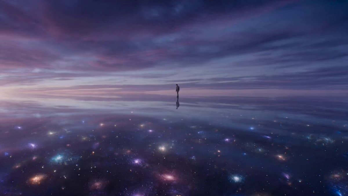 Lone Traveler on a Glass Ocean under Twilight