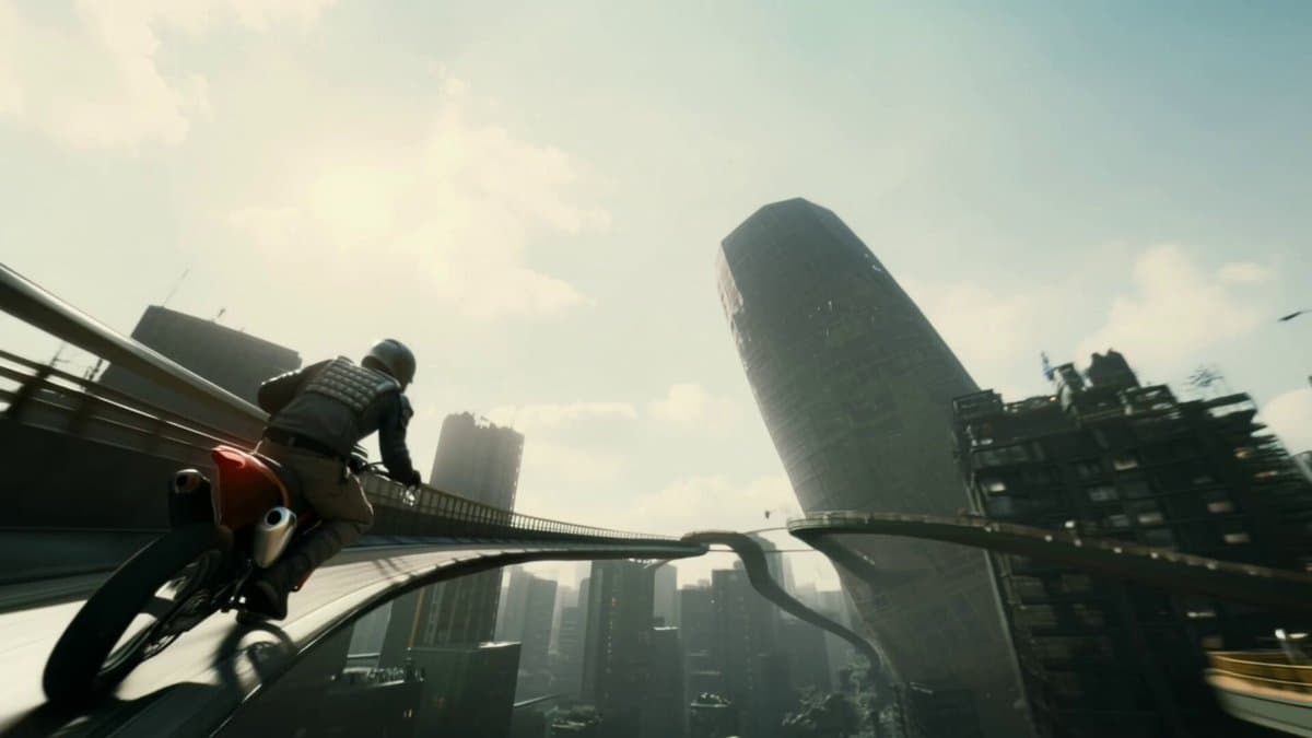 Motorcycle Rider Defying Collapsing Skyscraper