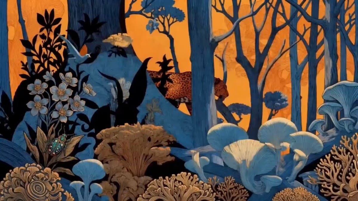 Leopard Prowling Through a Surreal Forest in Henri Rousseau Style