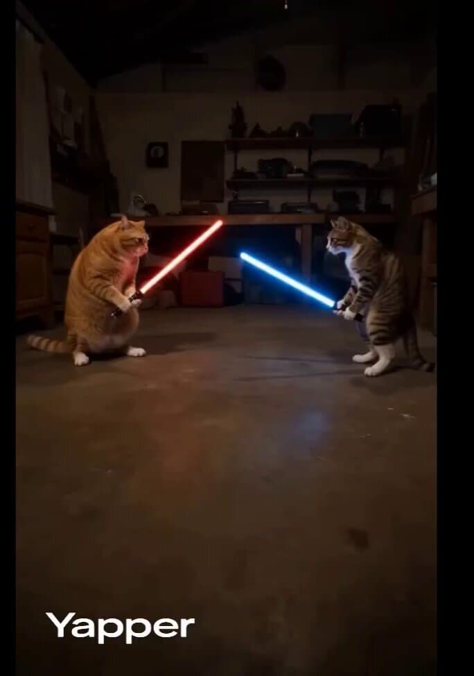 Domestic Cats Lightsaber Duel in Living Room