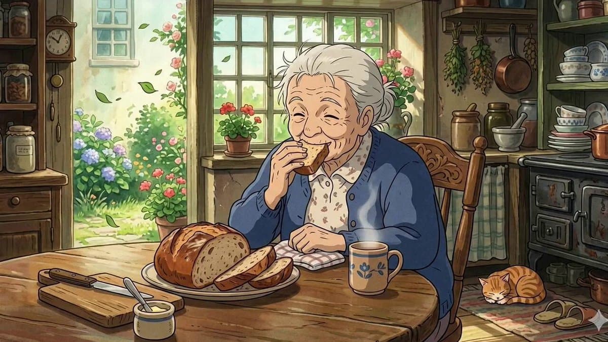 Ghibli Style Elderly Woman Kitchen Scene