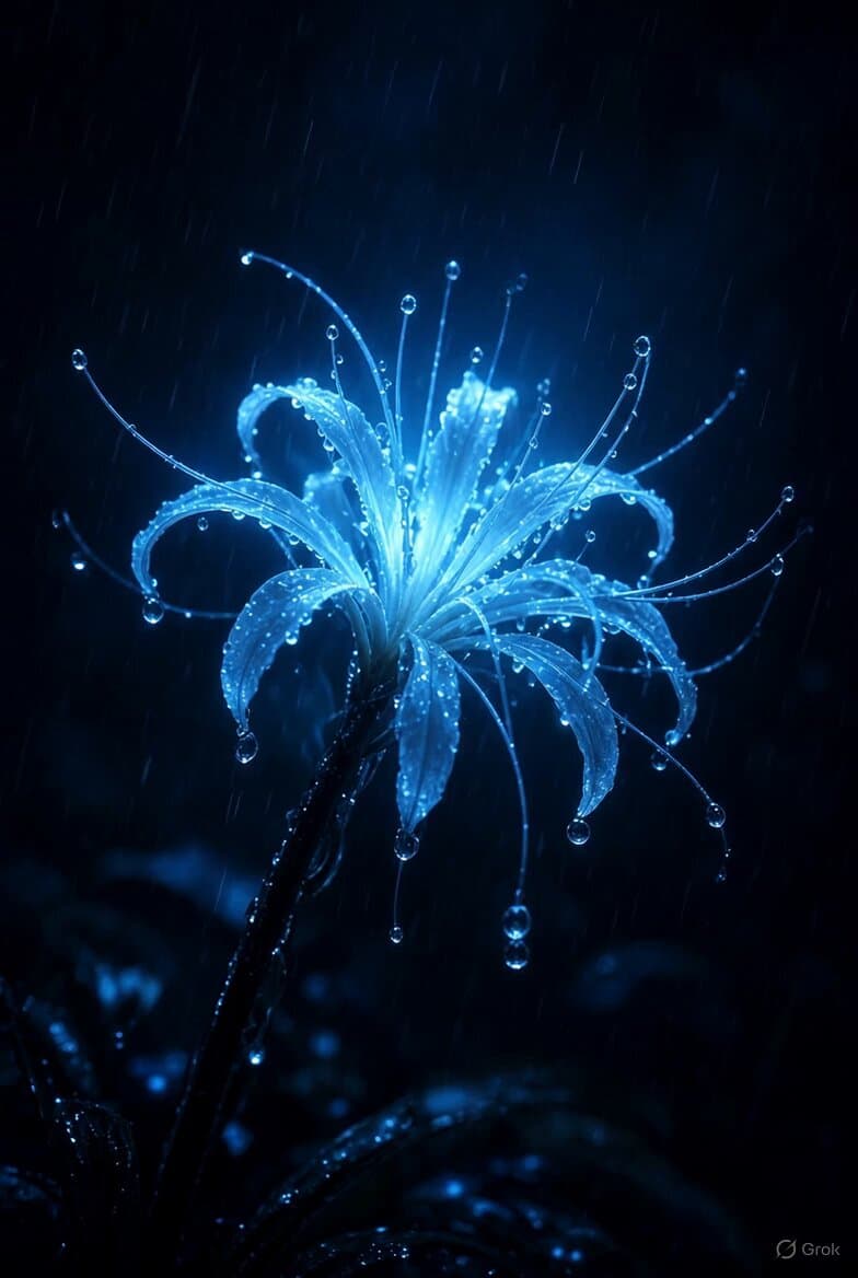 Grok Imagine Video Prompt: Glowing Spider Lily in Rain